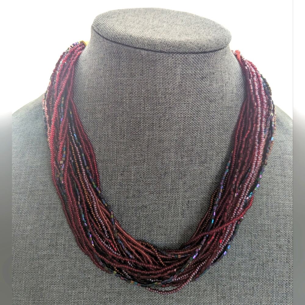 Vintage Multi Strand Seed Bead Red Purple Boho Layered Hippie Necklace
